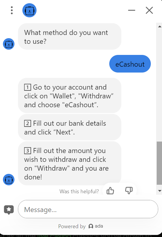 ComeOn Live Chat confirmation that eCashout is offered, with the confirmation of steps.