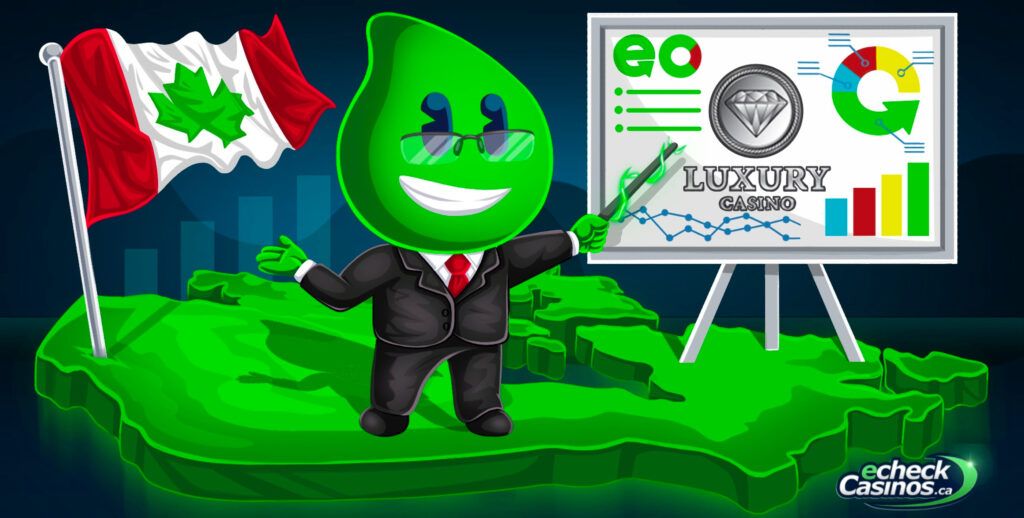 eCheckCasinos.ca mascot showing how the eCheck ease is calculated for Luxury Casino brand.