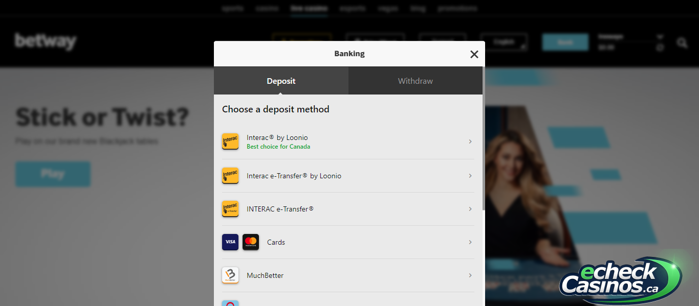Real Money Deposit options on Betway Canada