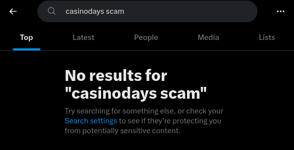 Google search for "casinodays scam" with no results.