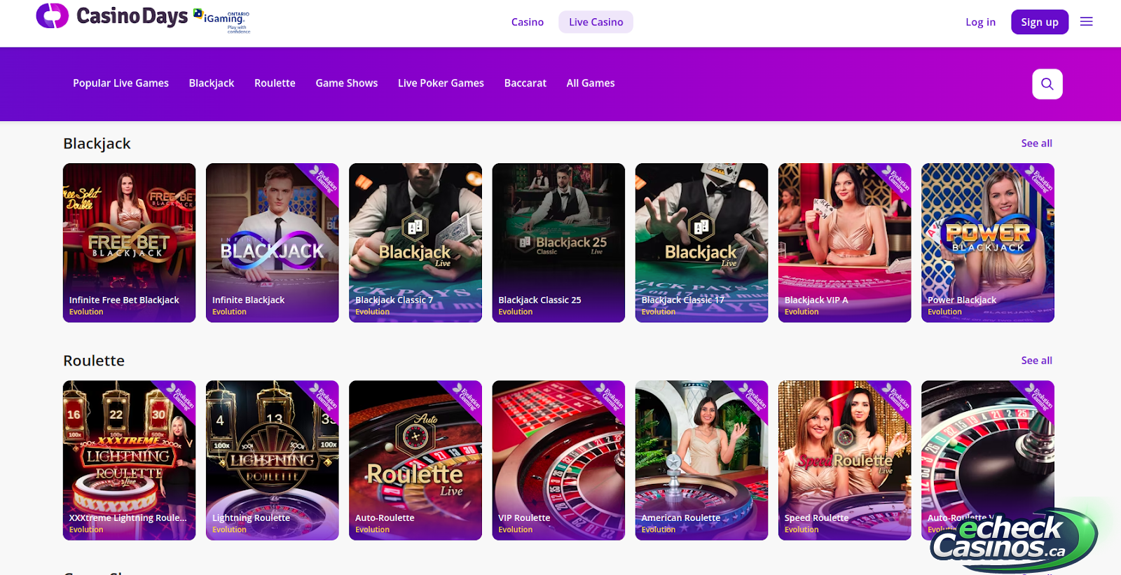 selection of live dealer titles available at Casino Days