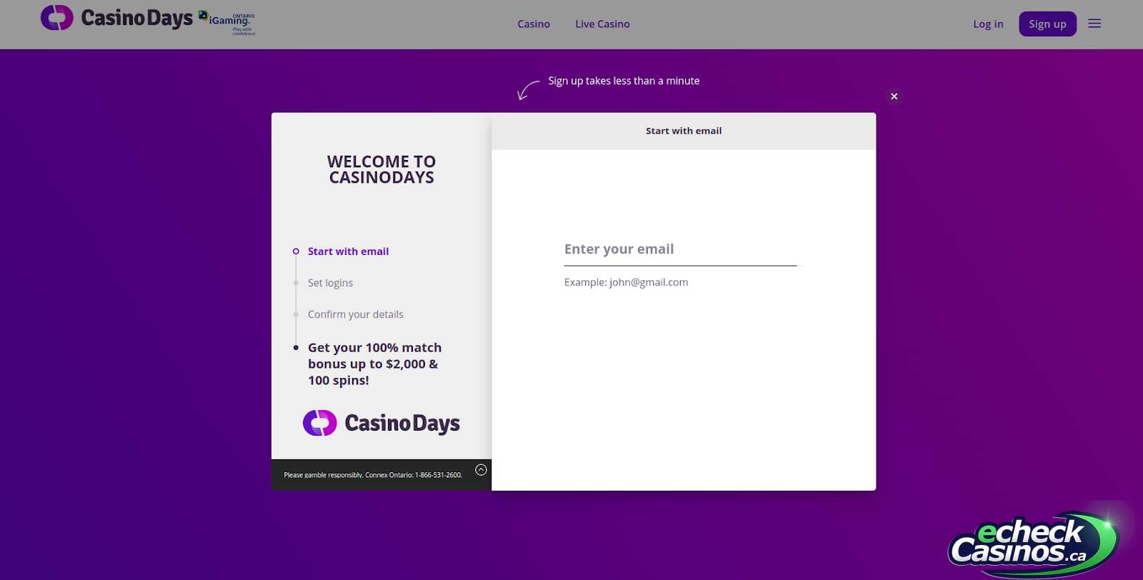 registration screen for casino days