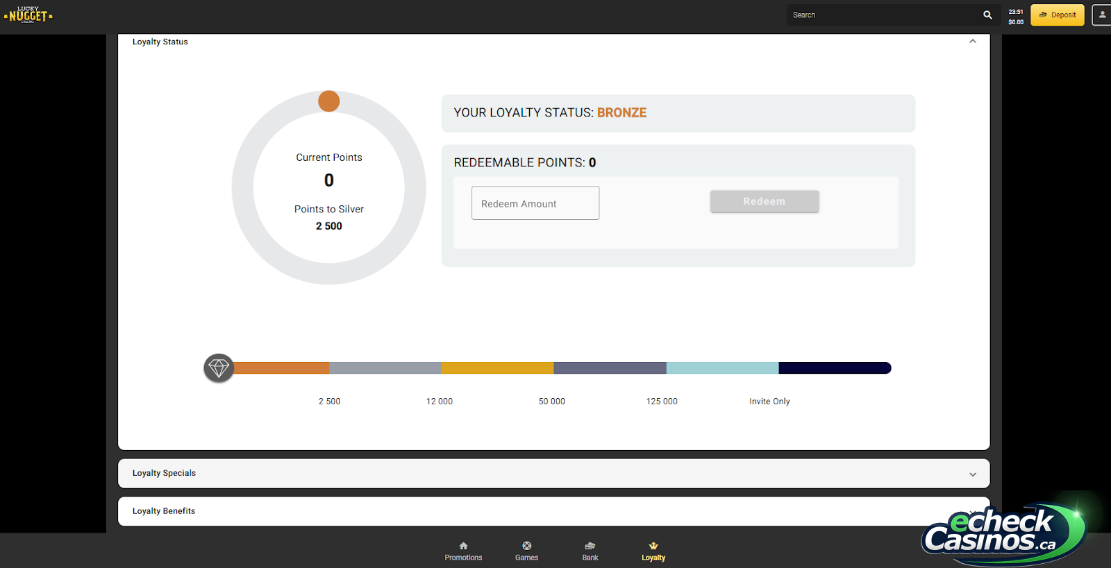 Lucky Nuggets Canada Loyalty Program (status shown is bronze).