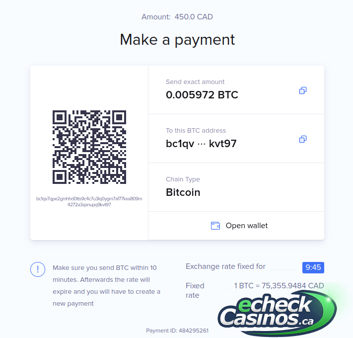 QR code payment screen using bitcoin to fund a casino account