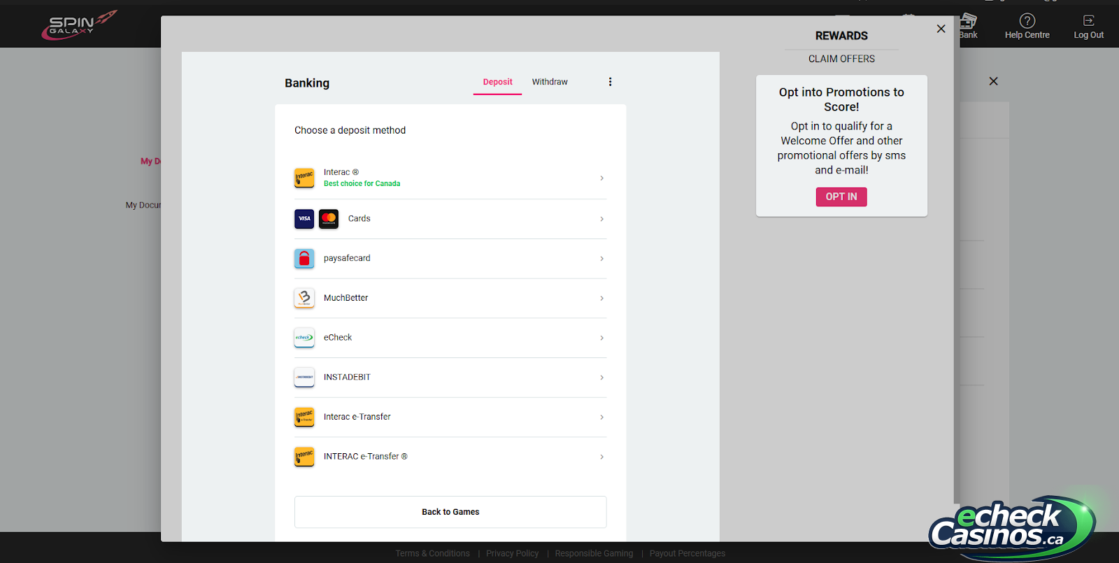 SpinGalaxy deposit options (includes echeck)