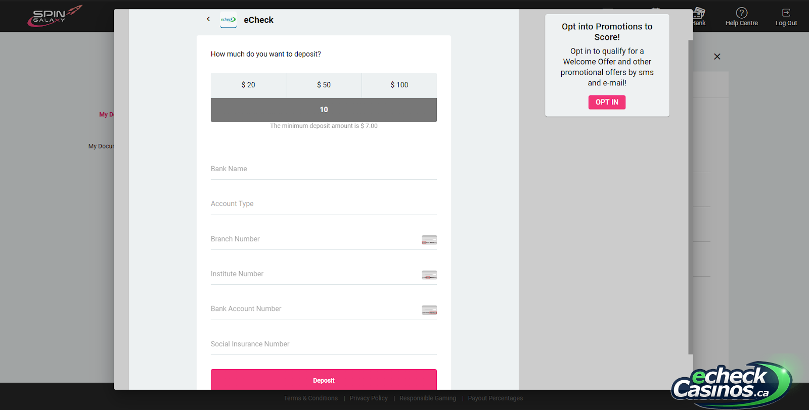 SpinGalaxy eCheck deposit page