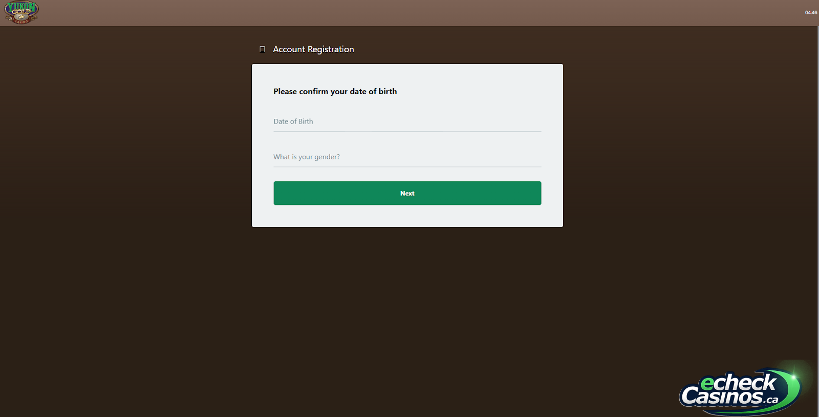 Yukon Gold Sign-Up screen : date of birth confirmation