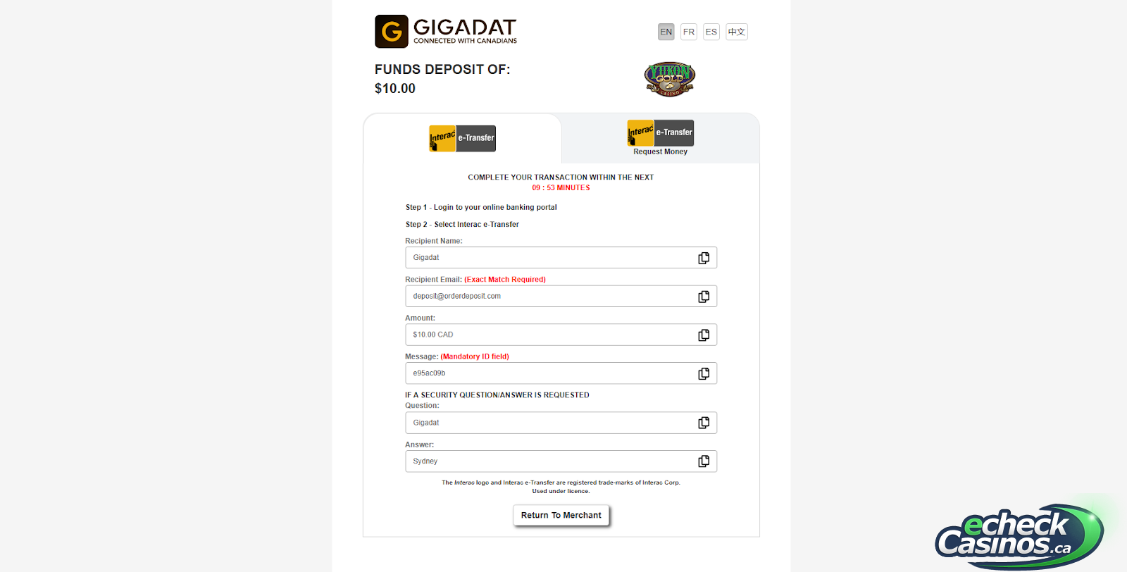 Overview of Interac deposit method using Gigadat service