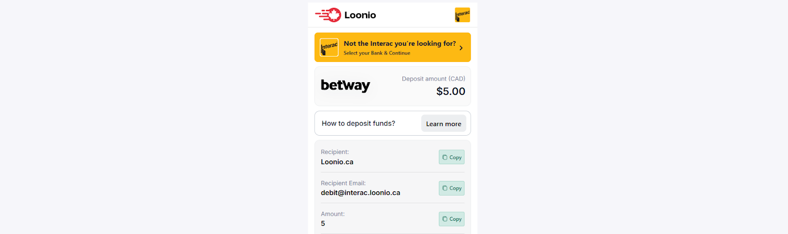 Loonio.ca deposit steps