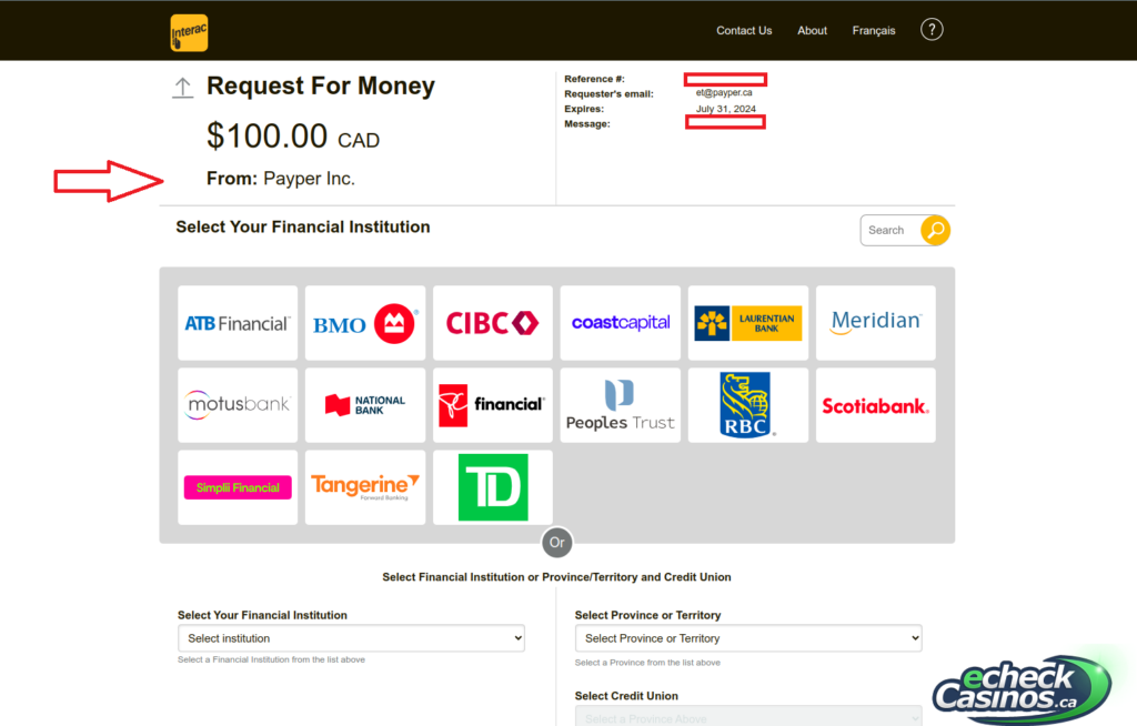 Example of depositing via Payper at a Canadian casino, with screenshot of banking process.