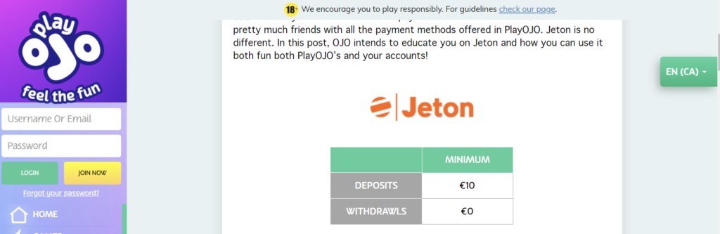 PlayOjo simple table showing Jeton deposit minimums for deposit and withdrawal