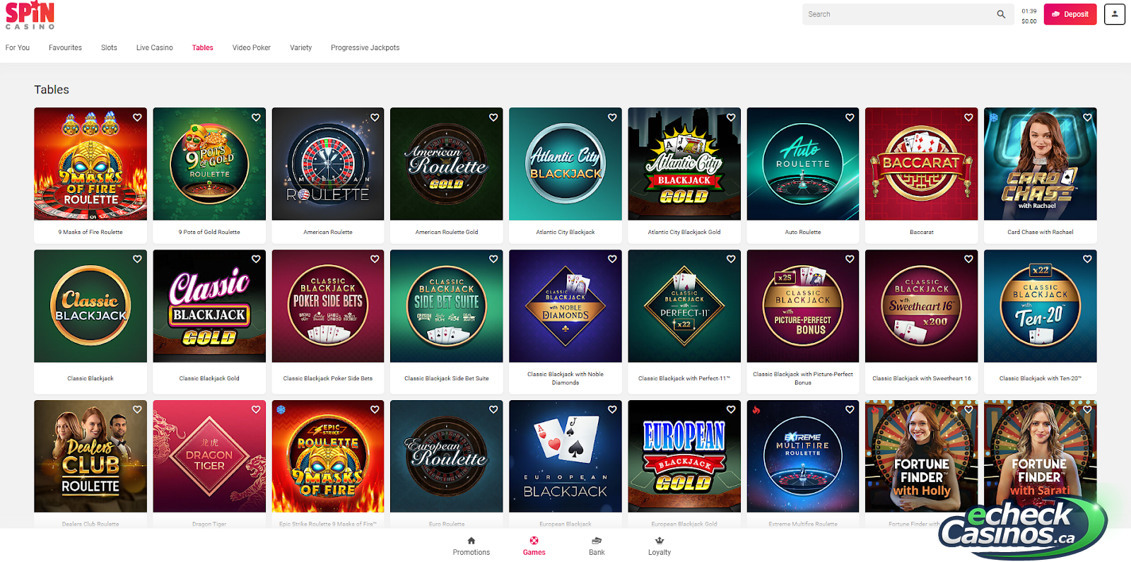 Spin Casino Table Games