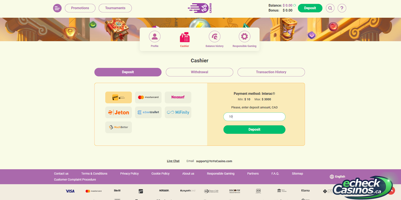 Yoyo Casino payment options screen, including eZeewallet.