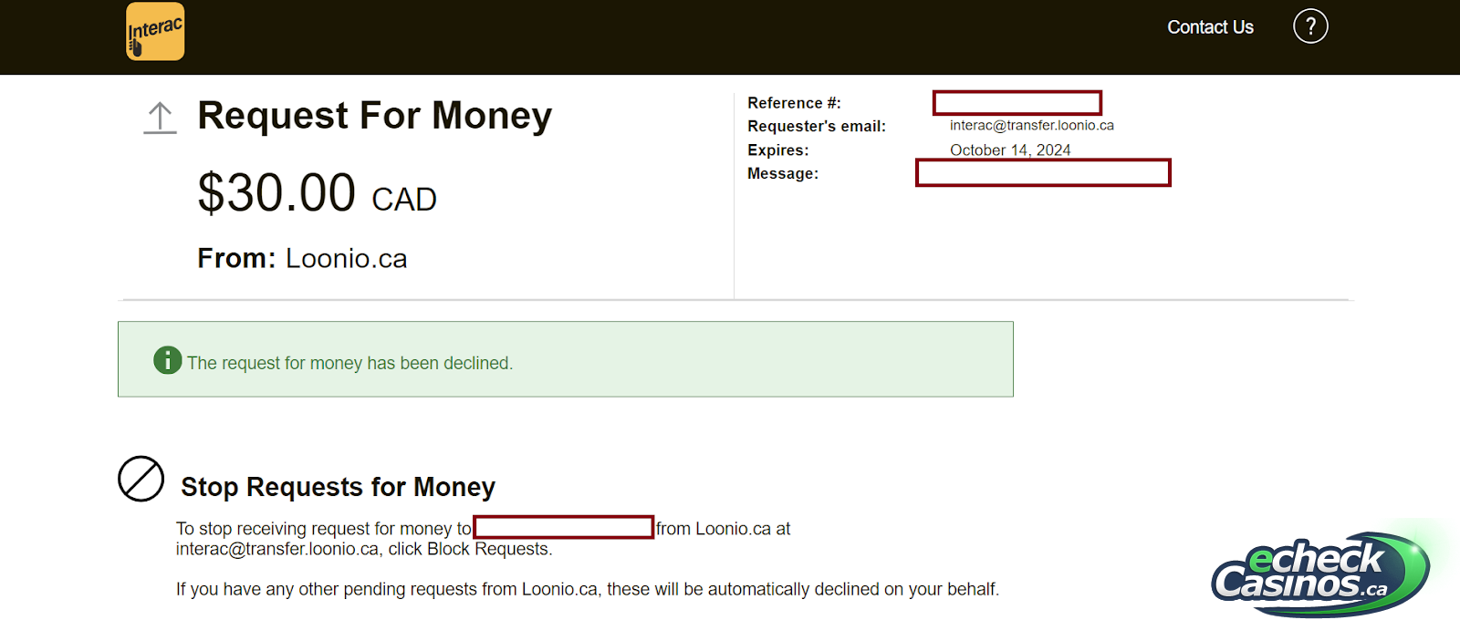 Loonio.ca request for money cancelled screen