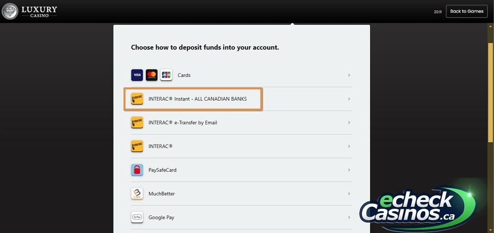 Luxury Casino Deposit Options with PayDirectNow highlighted